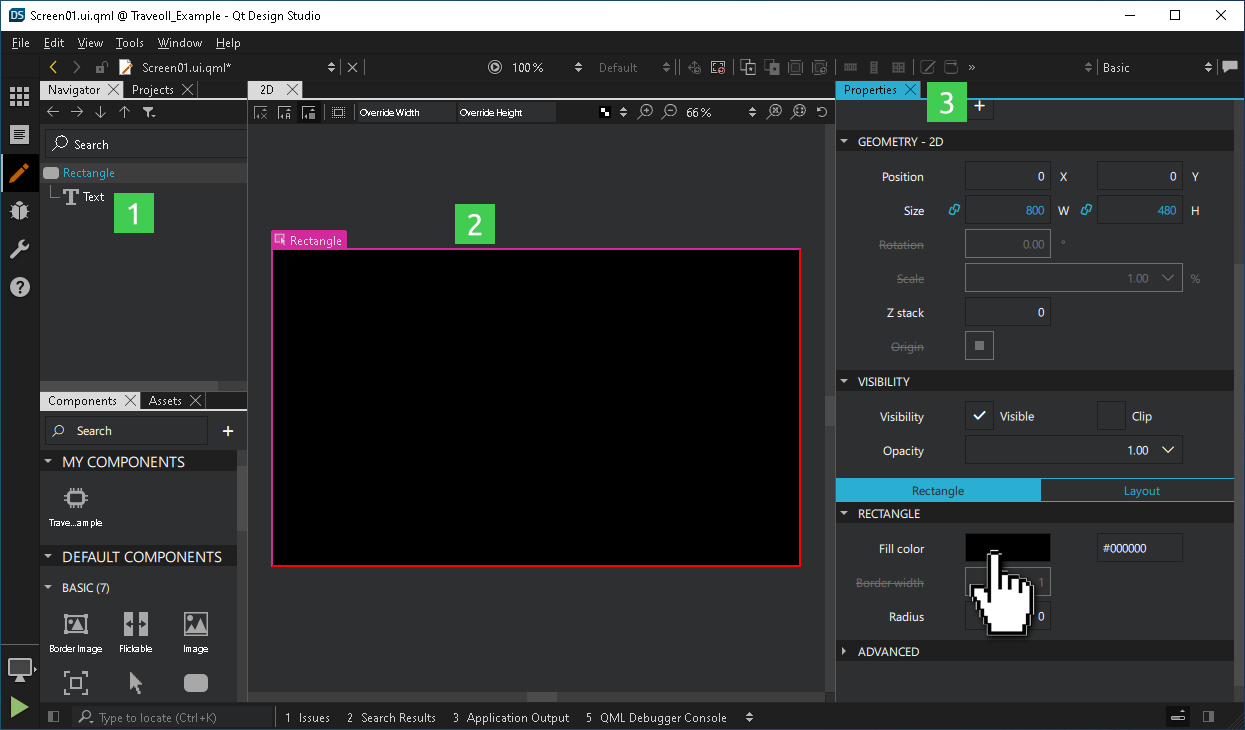 プロパティ]ペインで[矩形]の塗りつぶしの色を変更する。