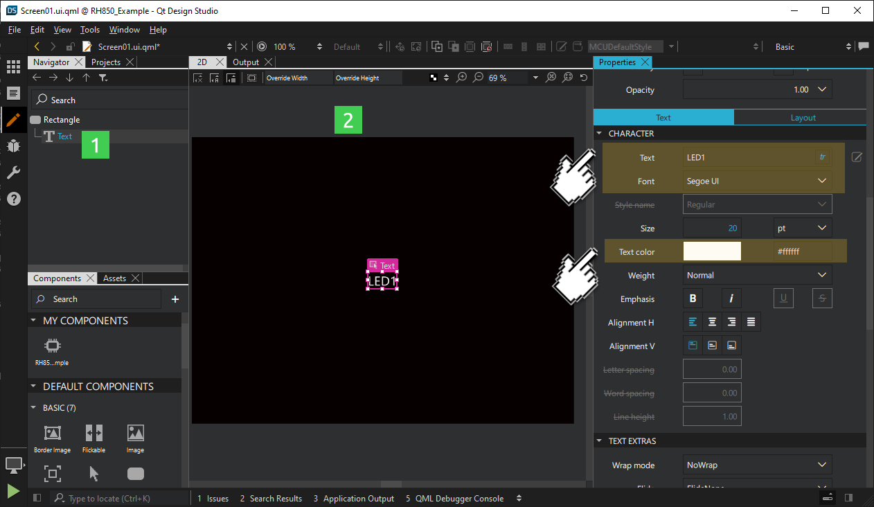 プロパティペインでテキスト項目のプロパティを変更する。
