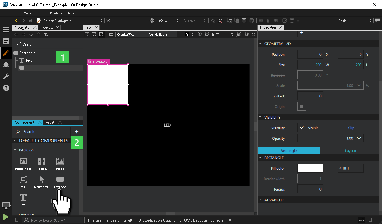 ナビゲータペインの既存のRectangleコンポーネントの上に新しいRectangleコンポーネントをドラッグする。