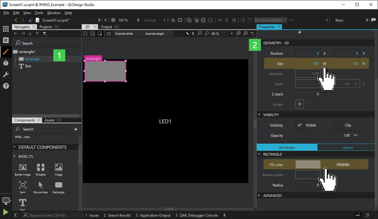 プロパティ]ペインで新しい矩形のプロパティを変更する。