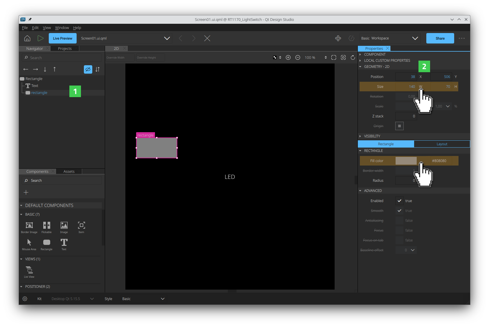 プロパティ]ペインで新しい[矩形]アイテムのプロパティを変更する。