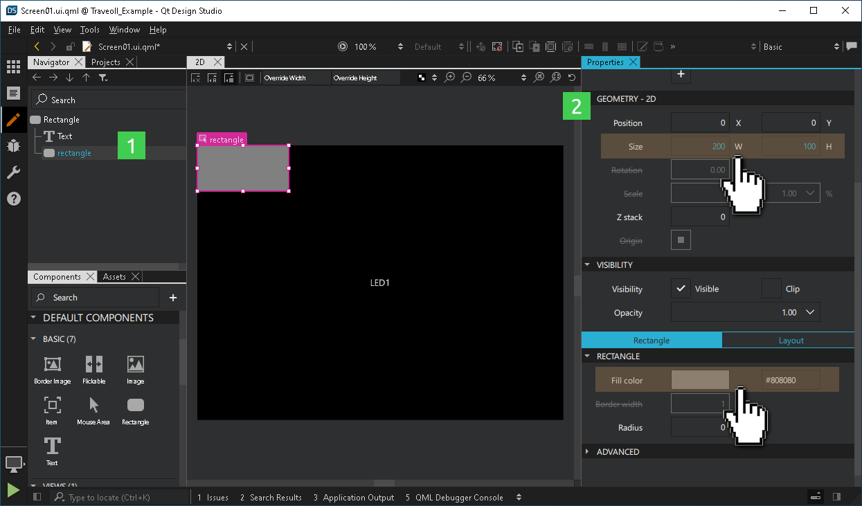 プロパティ]ペインで新しい矩形のプロパティを変更する。
