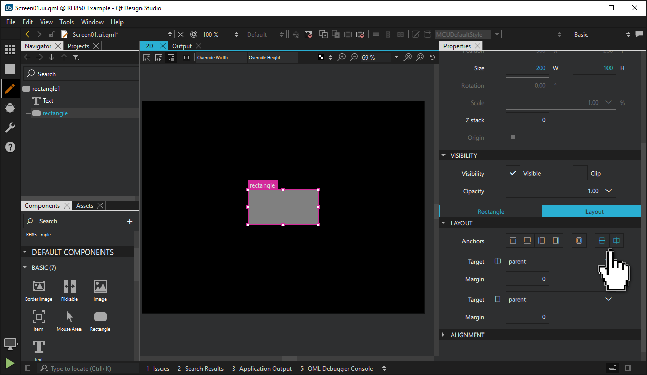 新しい矩形をプロパティペインの親の中心に固定する。