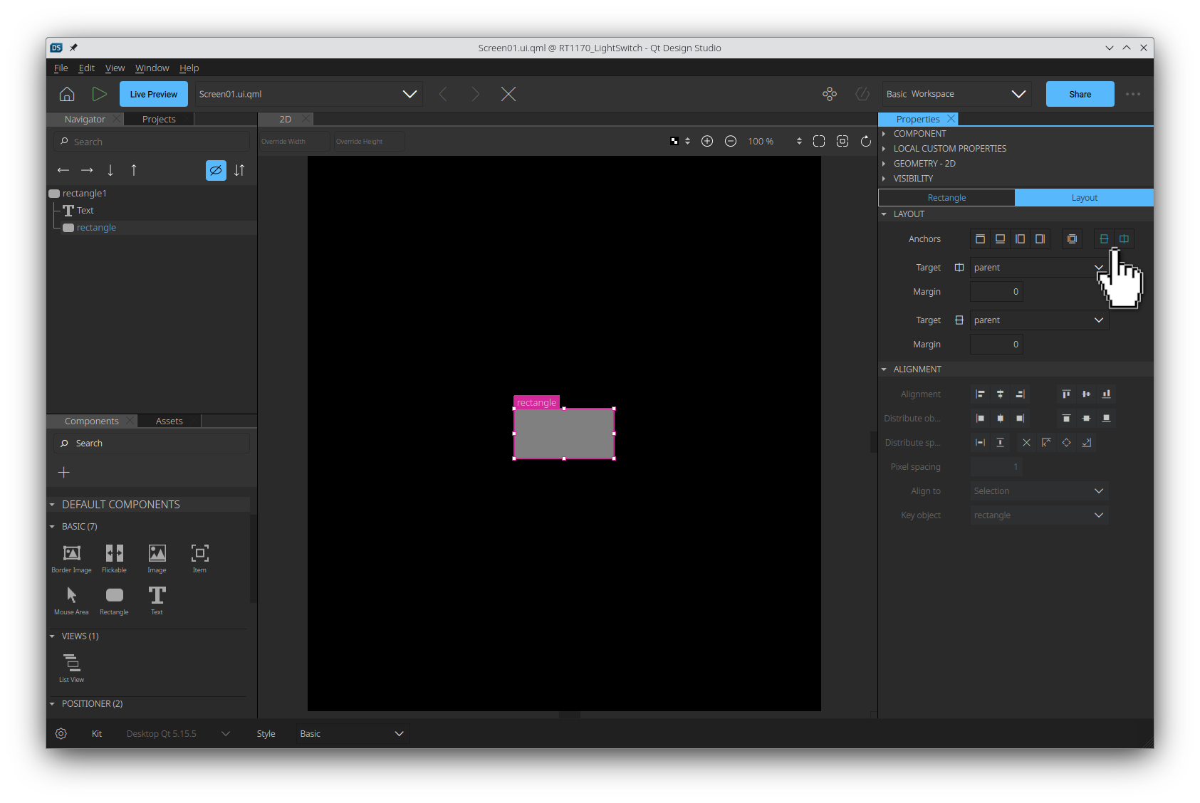 プロパティ] ペインで、新しい [矩形] アイテムを親の中心に固定します。