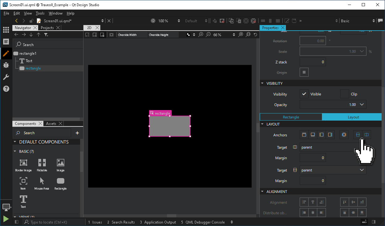 新しい矩形をプロパティペインの親の中心に固定する。
