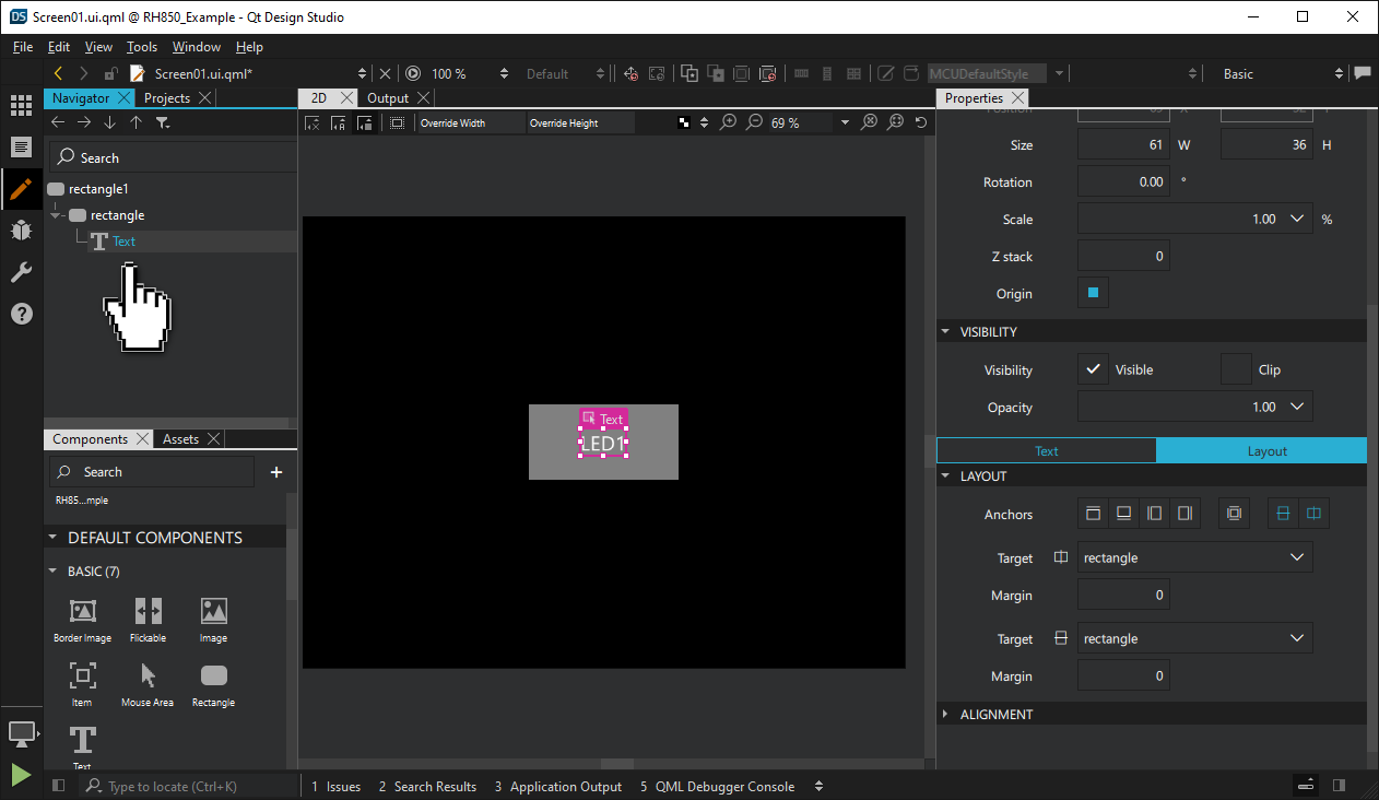 既存のTextコンポーネントを新しいRectangleの上にドラッグする。