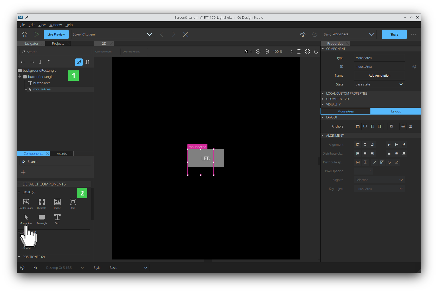 MouseAreaアイテムをナビゲータペインの新しいRectangleアイテムにドラッグする。