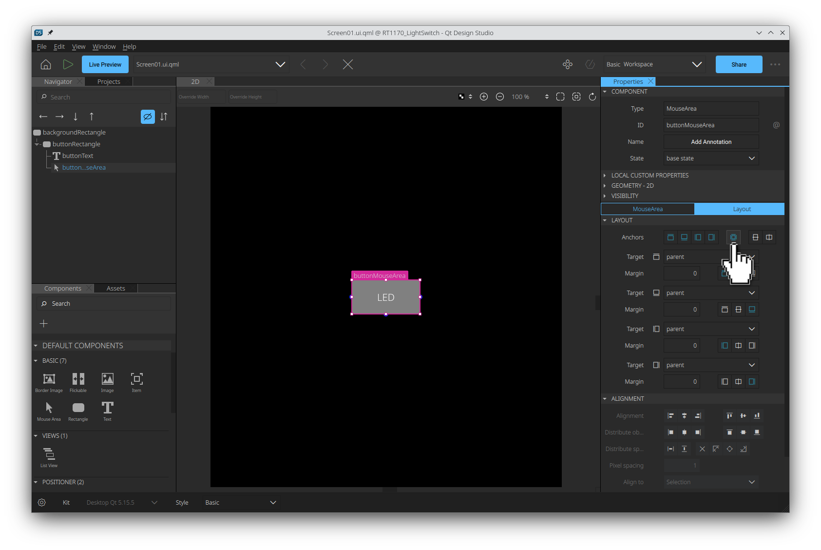 MouseArea アイテムを Properties ペインの親に固定します。