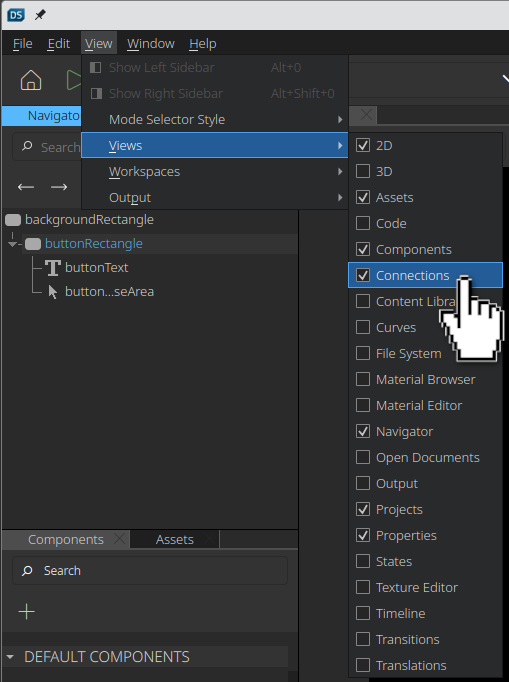 表示]メニューで[コネクション]表示を選択する。