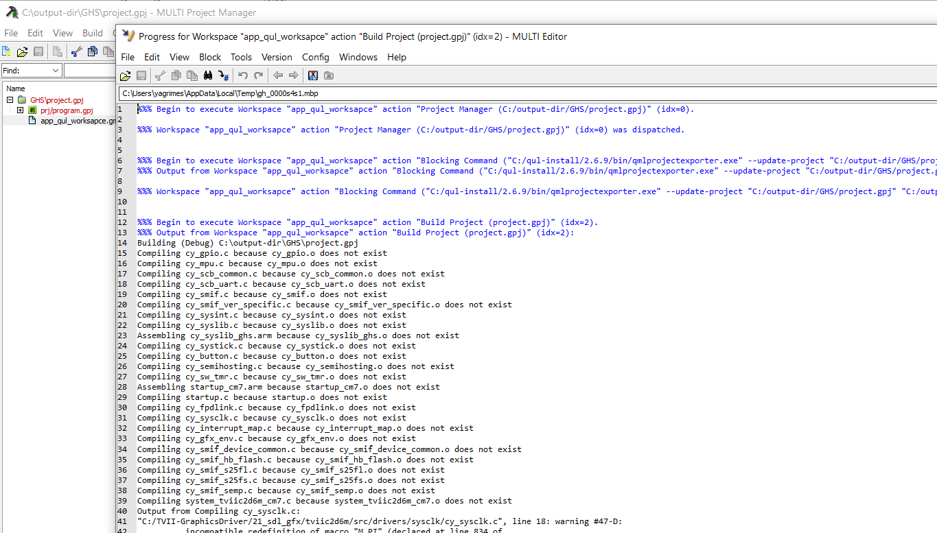 QULワークスペースのコマンドシーケンス実行後のGHS MULTI IDEでのビルド出力。