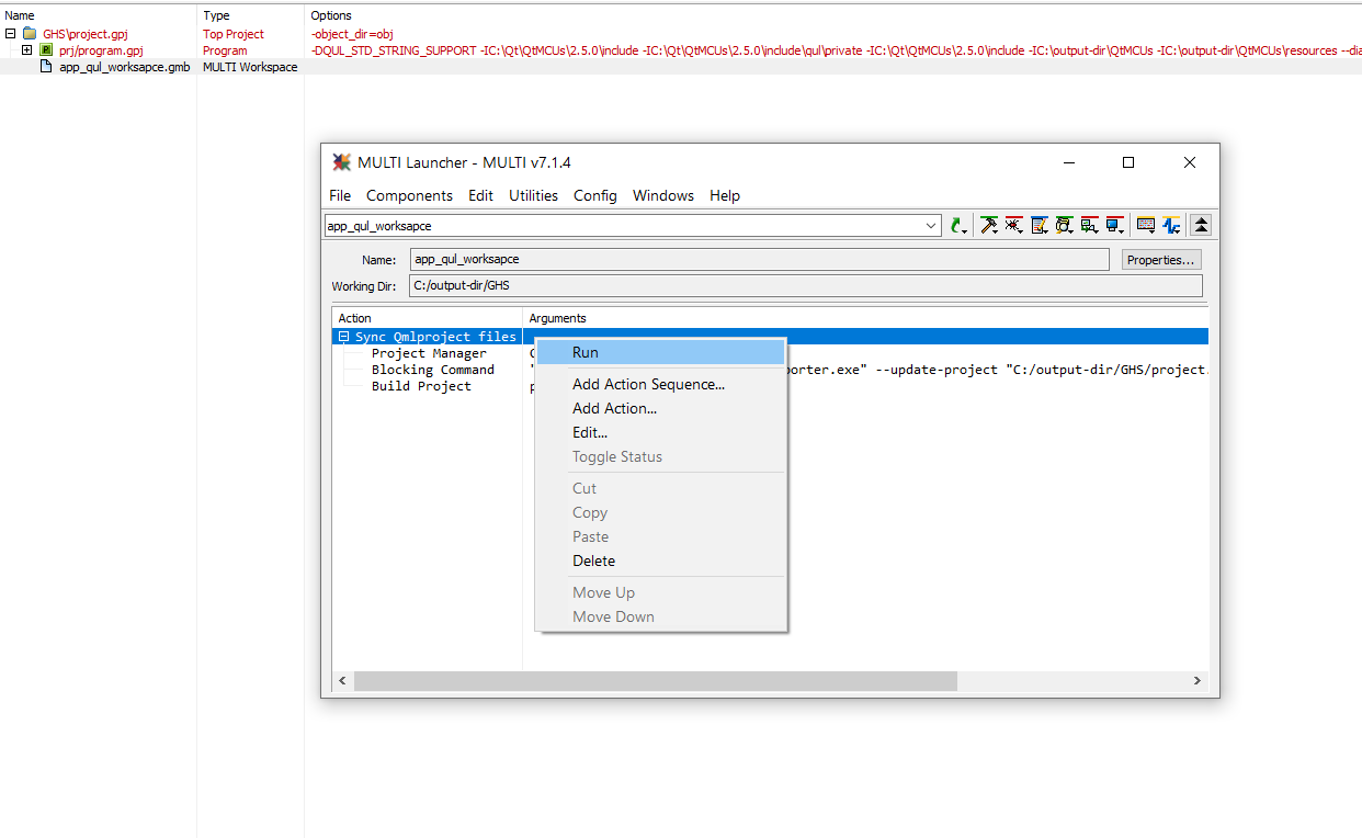 GHS MULTI IDEで生成されたQULワークスペース。