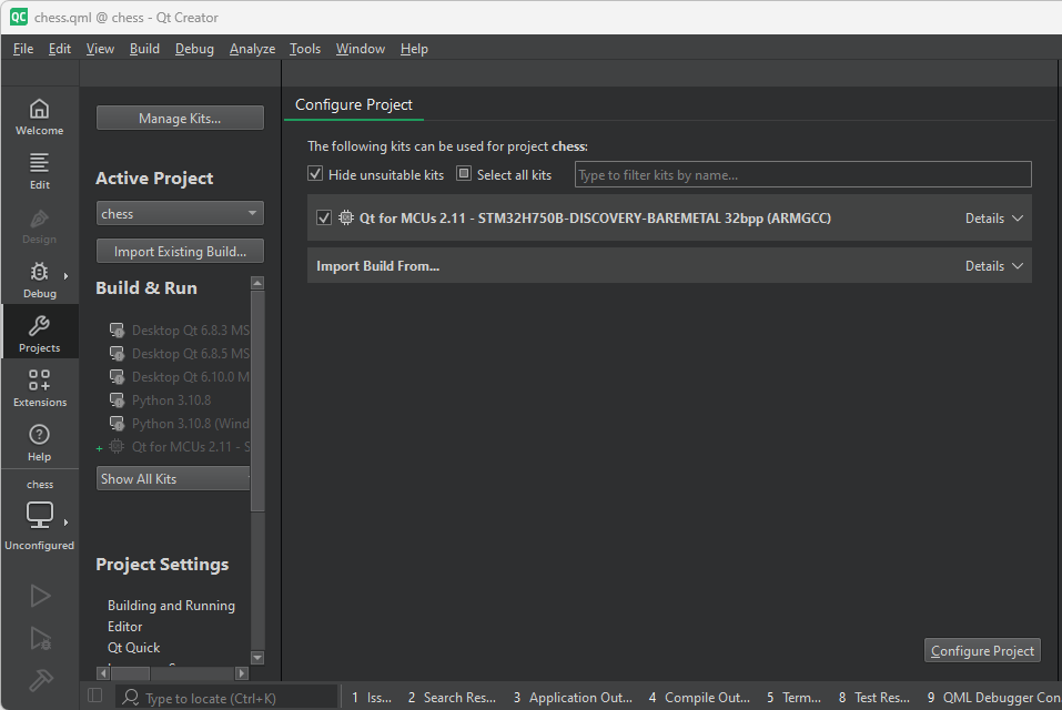 Qt Creatorを使用してSTMターゲット用にMCUプロジェクトを設定します。