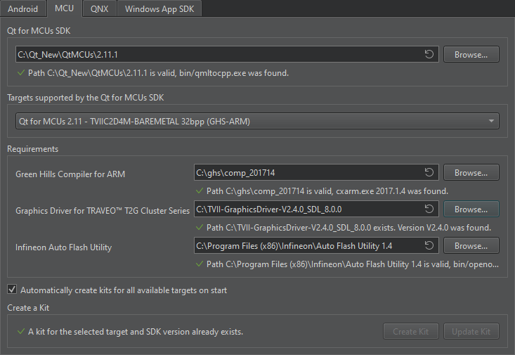 Qt Creatorを使用してInfineonターゲット用のSDKを作成します。