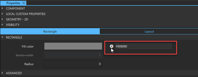 プロパティ」ペインの「矩形」タブで設定アイコンを選択する。