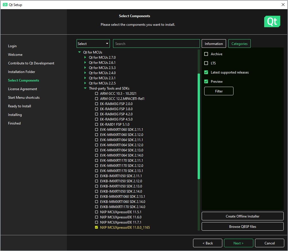 Qt Online Installer を使用した NXP MCUXpresso IDE のインストール。 Qt Online Installer を使用した NXP MCUXpresso IDE のインストール。
