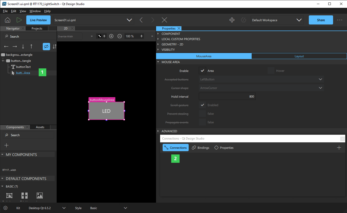 ConnectionsタブのMouseArea項目に接続を追加する。