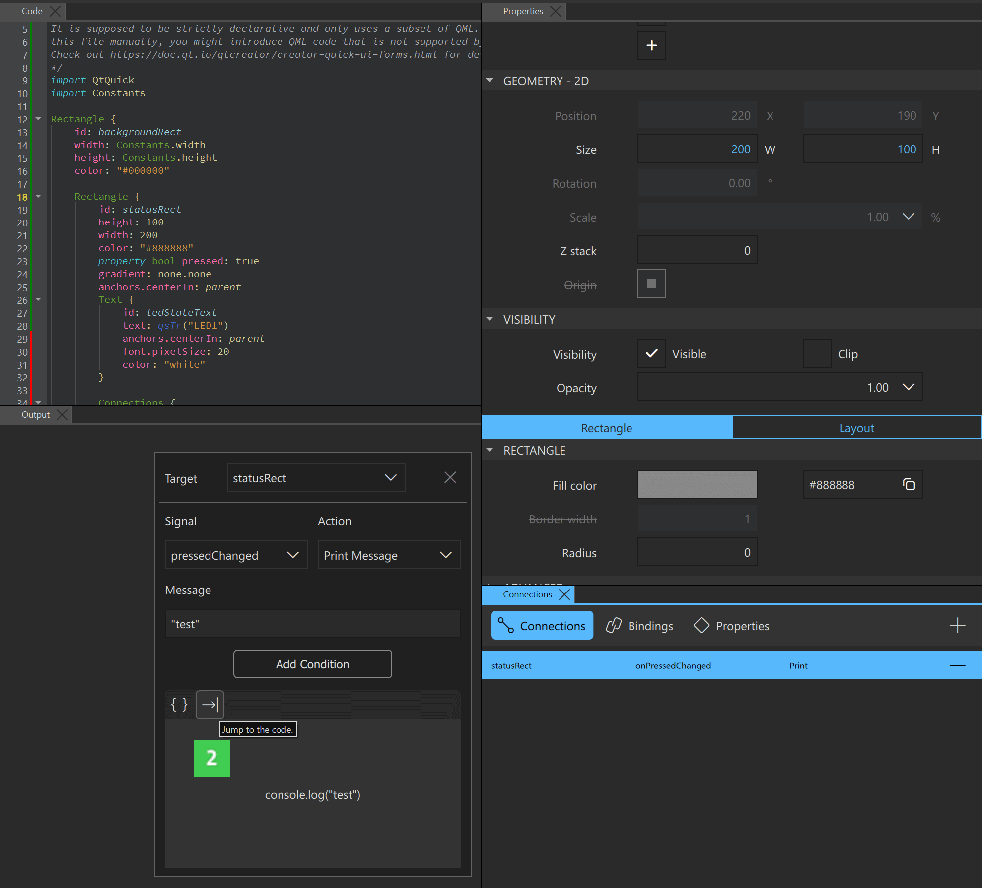 接続パネルを使ってコード・ビューにジャンプする。 接続パネルを使ってコード・ビューにジャンプする。