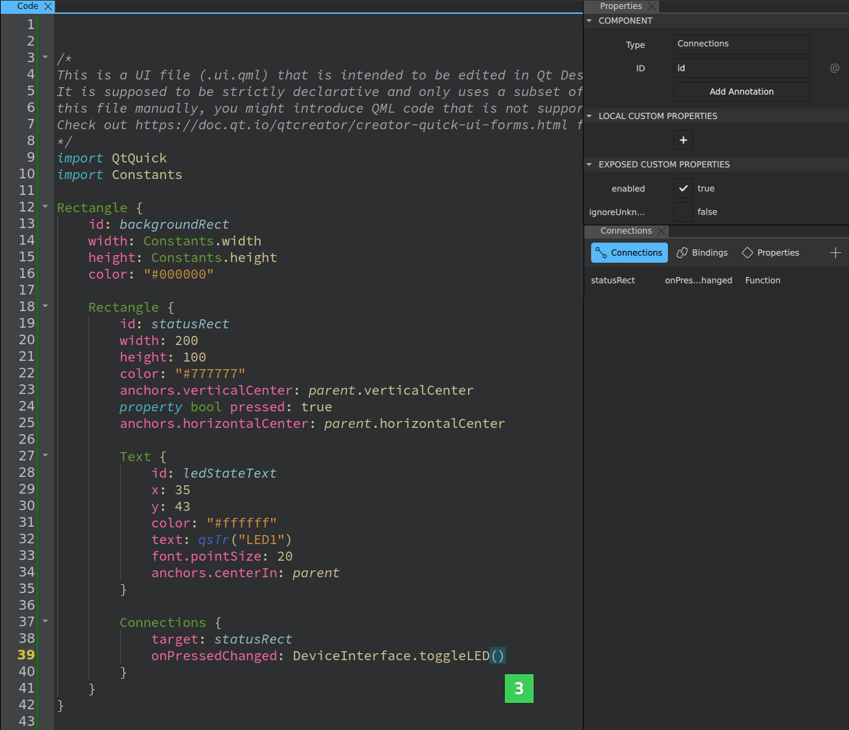 コード・ビューに最初の接続を追加する。 コード・ビューに最初の接続を追加する。