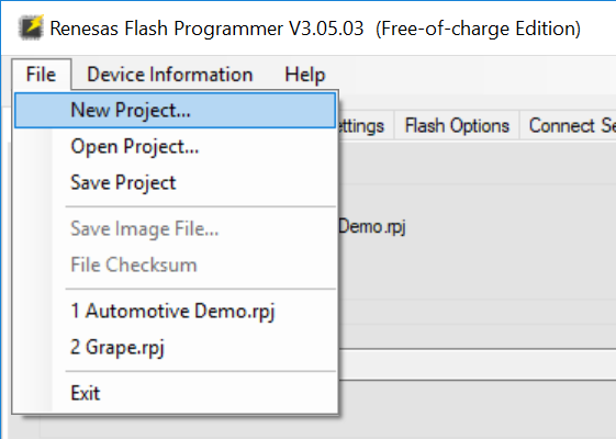 Renesas Flash Programmerで新規プロジェクトを初期化します。