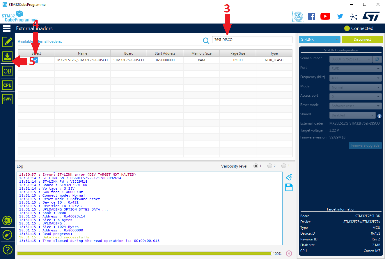 STM32CubeProgrammer でフラッシュするためのボードの準備。