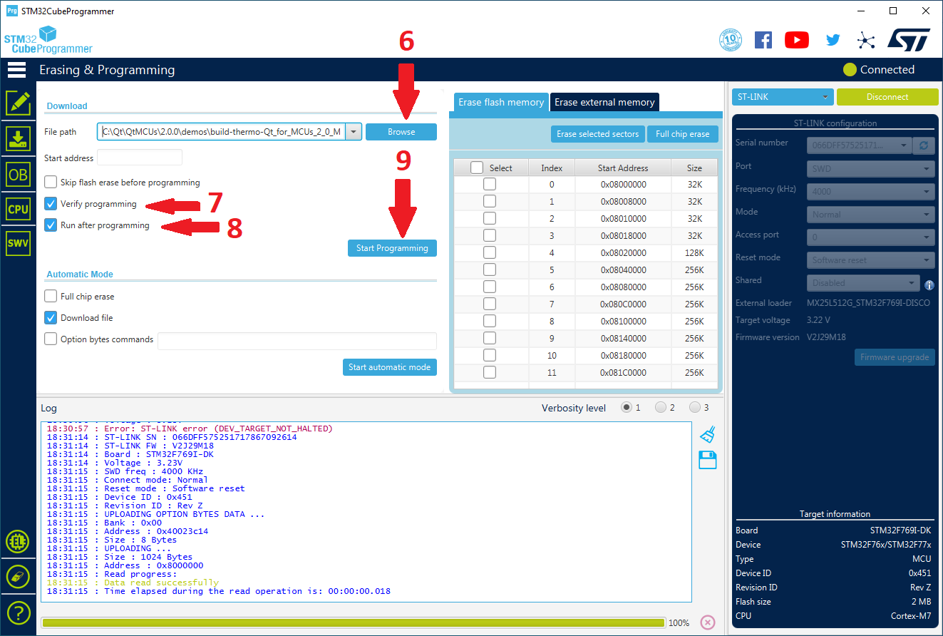 STM32CubeProgrammer でフラッシュ・プロセスを開始します。