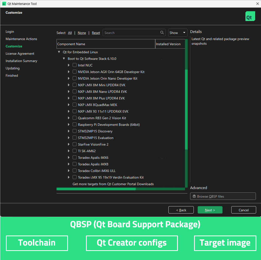 Qt Maintenance Tool view with Browse QBSP files button highlighted and QBSP content visualized simply.