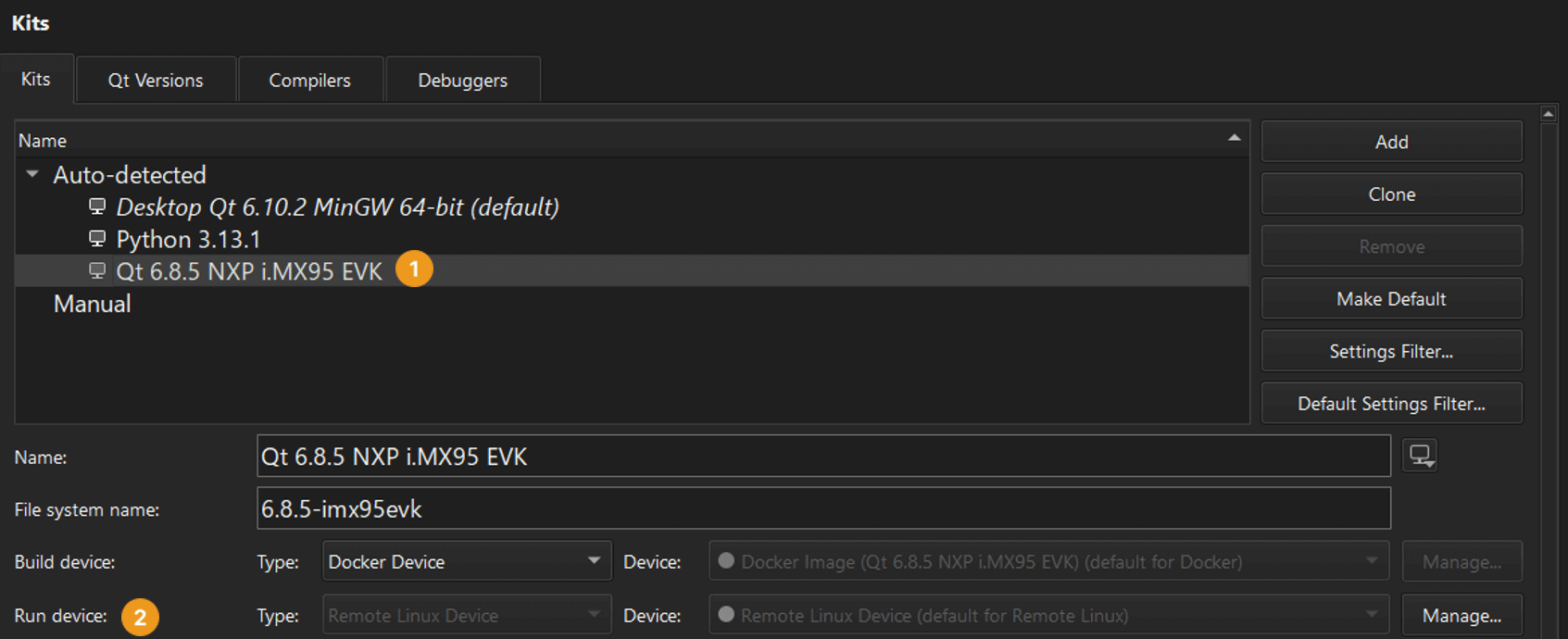 Qt Creator Kits UI view.