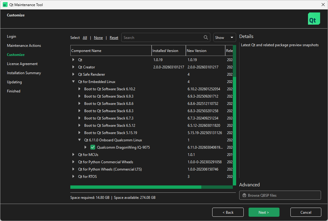 Location of Qualcomm DragonWing IQ-9075 in Select Components UI view of Qt Maintenance Tool.