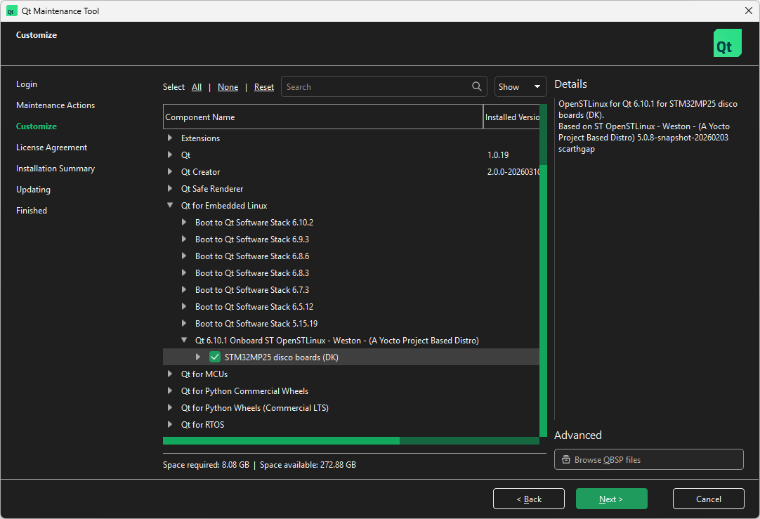 with alt text Location of STM32MP25 Discovery in Select Components UI view of Qt Maintenance Tool.