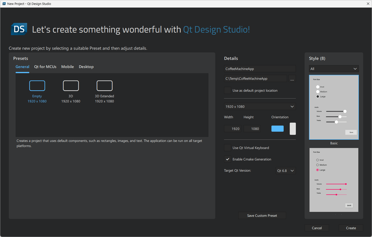 New Project UI view in Qt Design Studio.