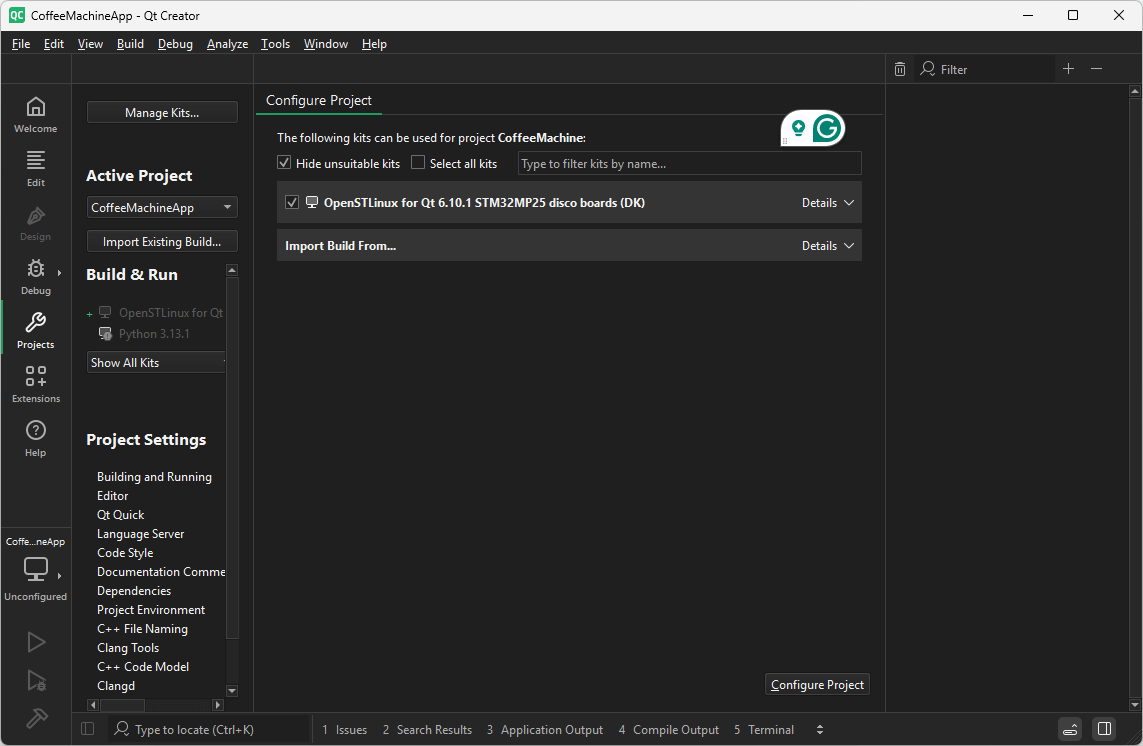 Configure Project UI view in Qt Creator.