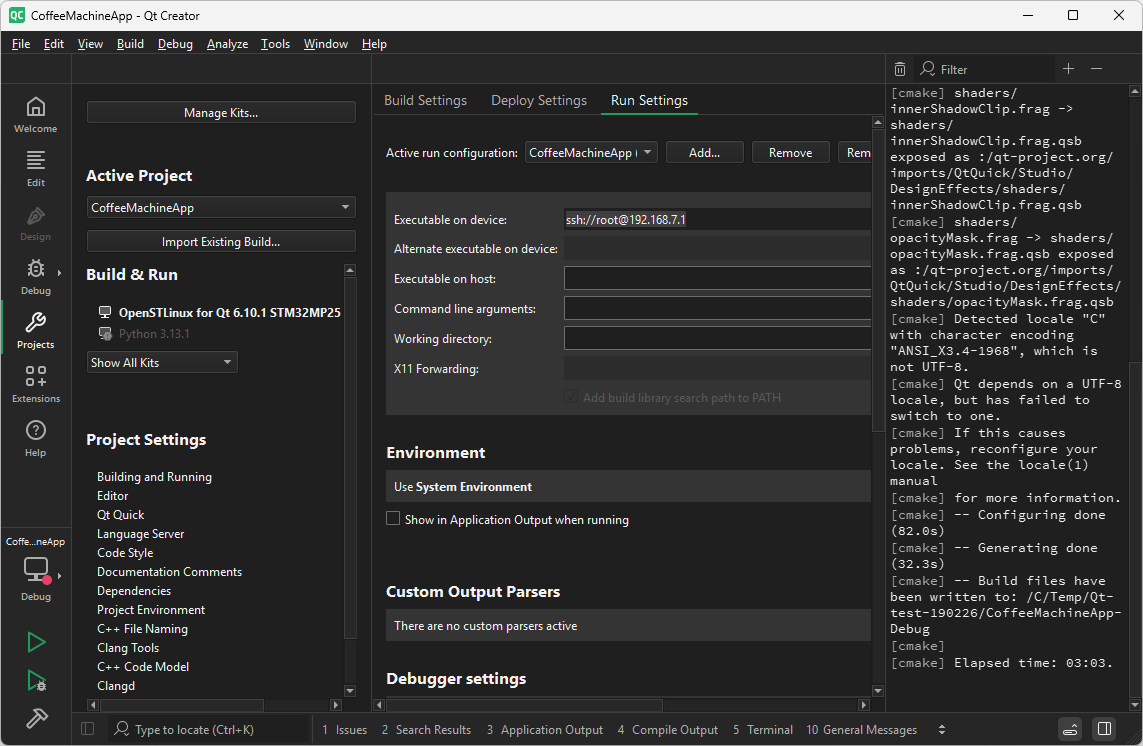 Run Settings UI view in Qt Creator.
