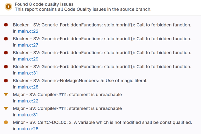 Code Quality Report with eight issues being found.