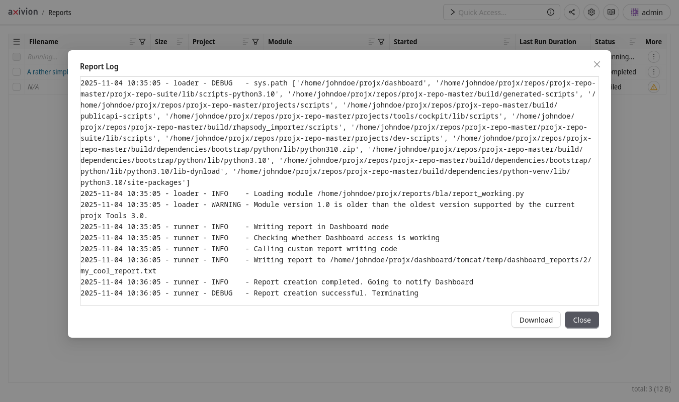 Report Log Dialog