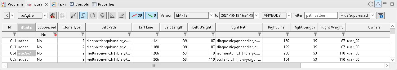 The |aclipse| :guielement:`Issues` view.