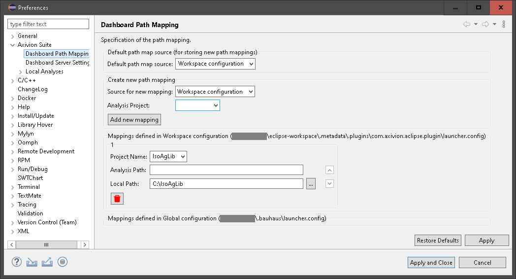 :guielement:`Path Mapping` preferences for an analysis project.