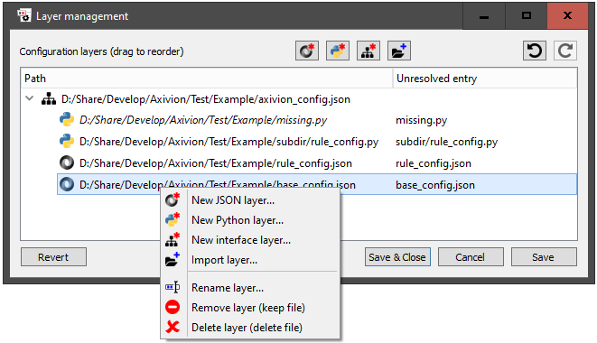 The context menu of the Layer Management dialog.