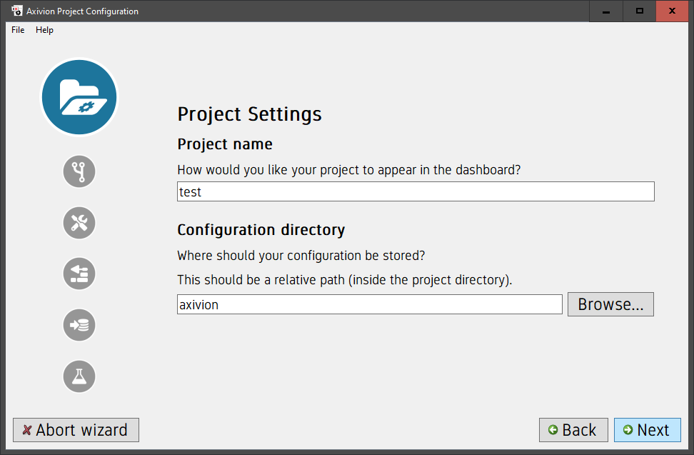 The wizard page for the project settings.