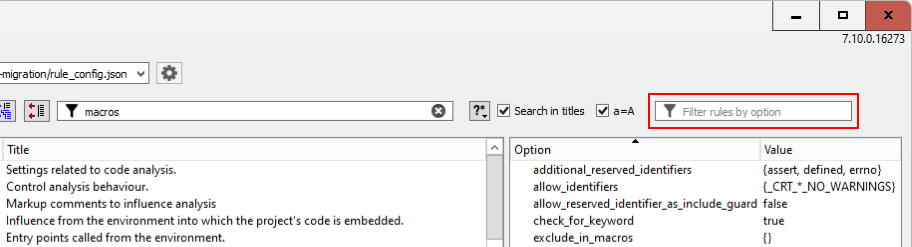 The Rule Options Filter field.