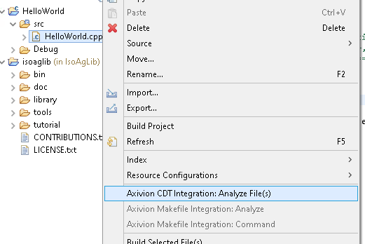 File context menu with :guielement:`Axivion CDT Integration: Analyze File(s)`.