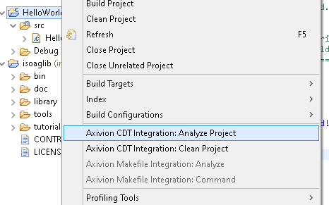 Project context menu with :guielement:`Axivion CDT Integration: Analyze Project` and :guielement:`Axivion CDT Integration: Clean Project`.
