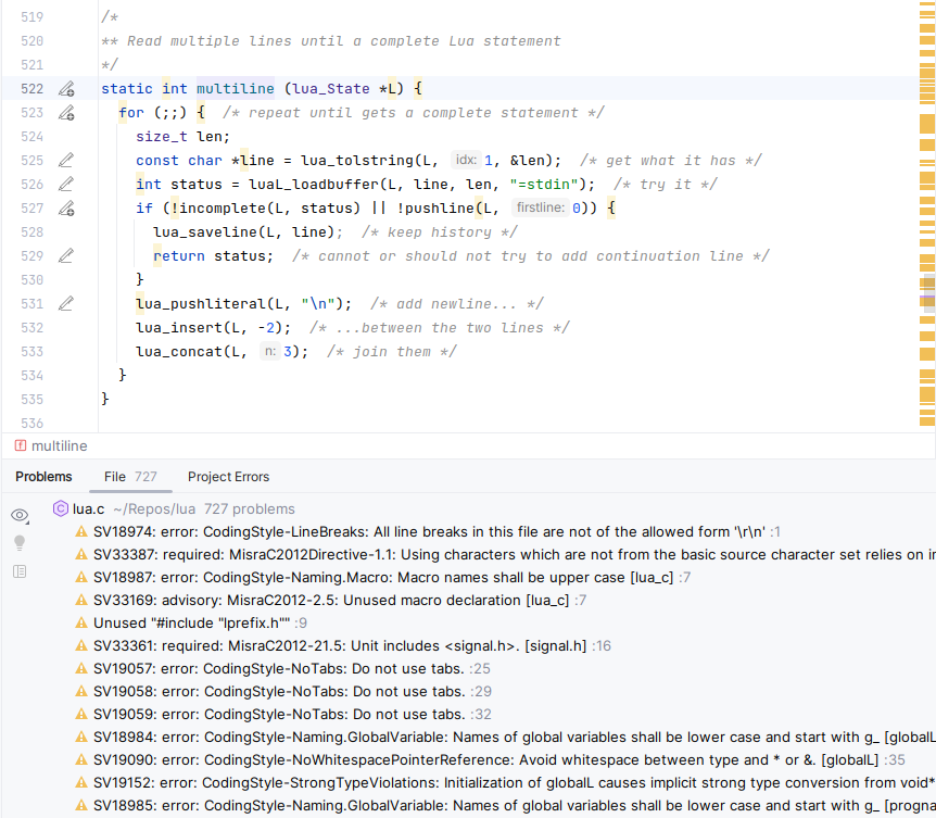 CLion editor with markers and problems view.