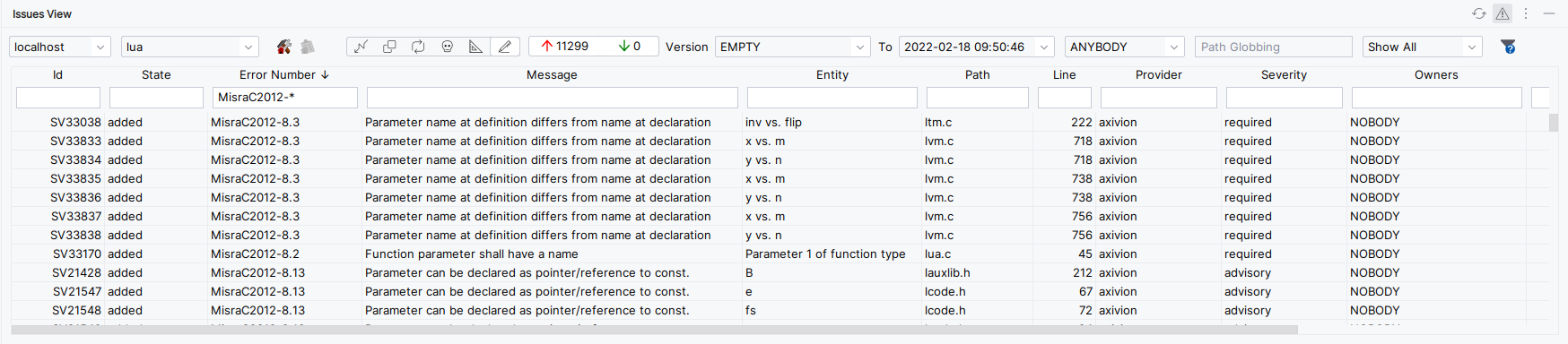 :guielement:`Issues View` window