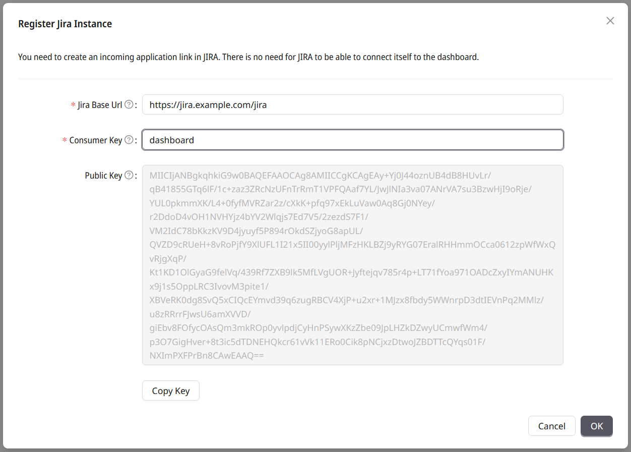 Dashboard dialog to register JIRA