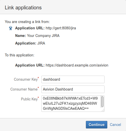 JIRA dialog to register the Dashboard