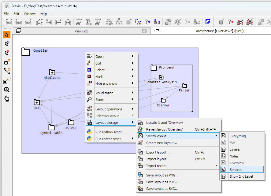 The context menu over a graph window with a persistent layout.
