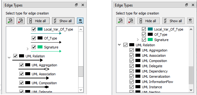 The :guielement:`Edge types` panel with and without edge previews.