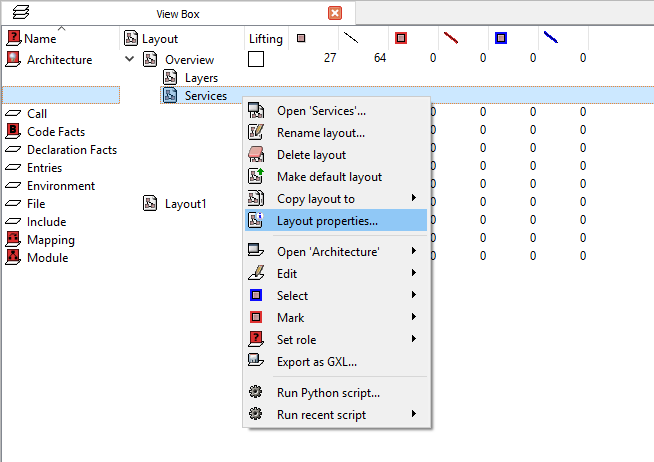 The context menu over a layout entry in the |gravispro| View Box.