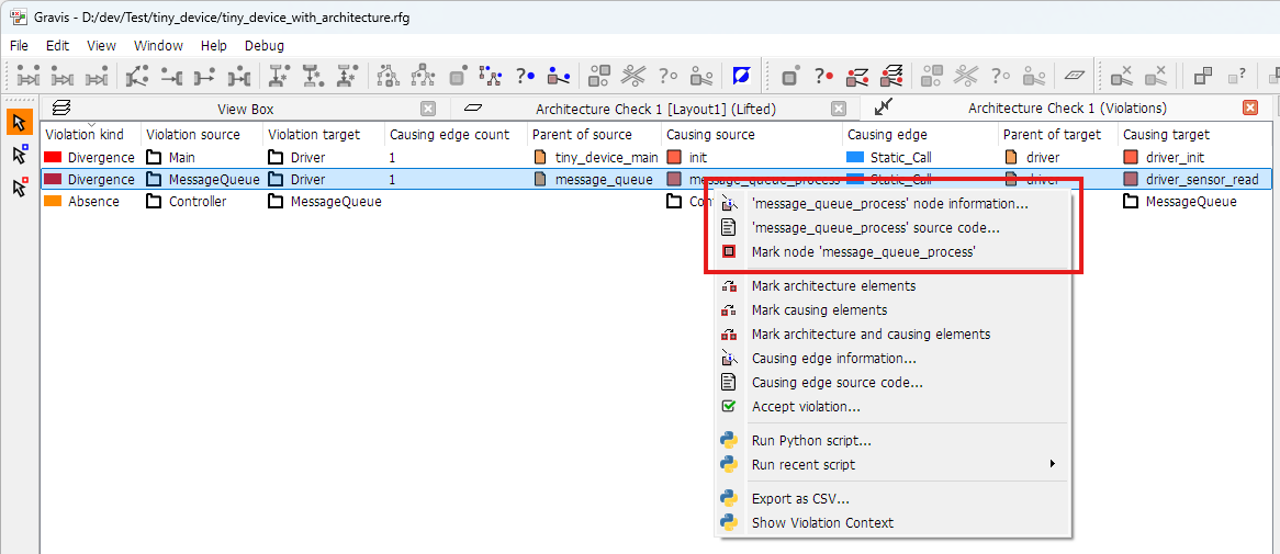 The node-specific top part of the context menu