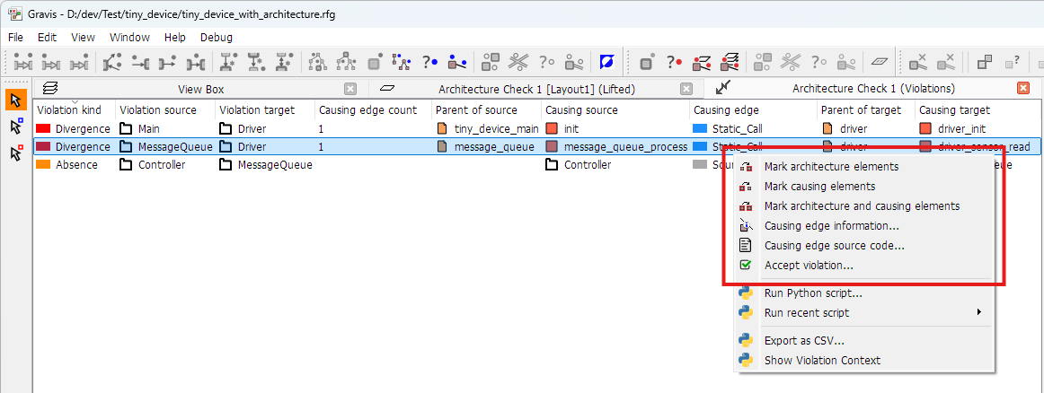 The common part of the Violations List context menu